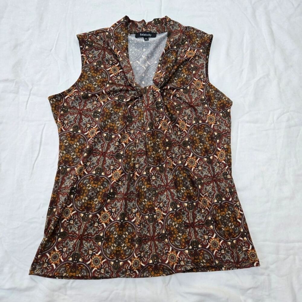 Relativity Brown And Black Patterned Ruched Sleeveless V-neck Blouse Top Shirt